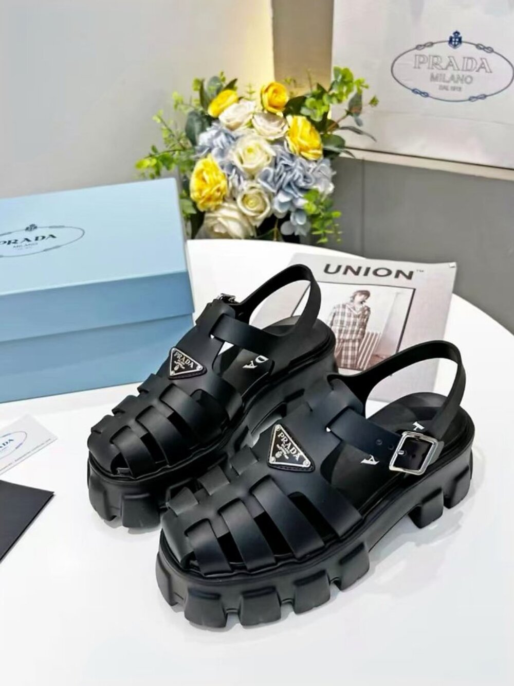 Prada Black Rubber Fisherman Lug Platform Sandals